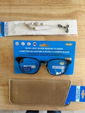 Blue Light Block Reading Glasses with Brown Fabric Case and Cord